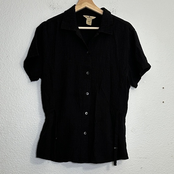Woolrich Women’s Size Large Short Sleeve Crinkle Gauze Top Belt Minimalist Work - Picture 1 of 12